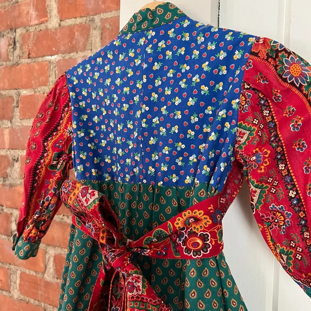 Vintage 70s Girls Prairie Dress Patchwork Floral‎ Cottagecore Folk Red Green 3T